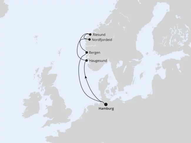 Routenkarte für eine europäische Kreuzfahrt mit markierten Stopps und Reiseroute.